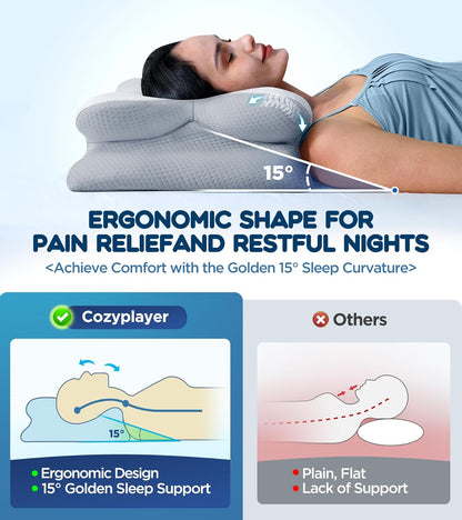 Effective Pain Relief Cervical Neck Pillow for Sleeping, Ergonomic Cooling Side Sleeper Pillow for Neck Support, Odorless Orthopedic Contour Memory Foam Pillows, Bed Pillow for Stomach Back Sleeper