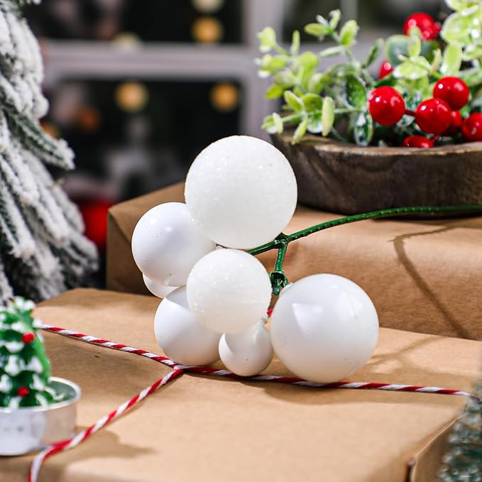 8 Pcs White Christmas Tree Picks 7.87 Inch Christmas Balls Ornaments Xmas Hanging Decorations for Xmas Tree Topper DIY Wreath Holiday Floral Vase Fillers Crafts Home Decor