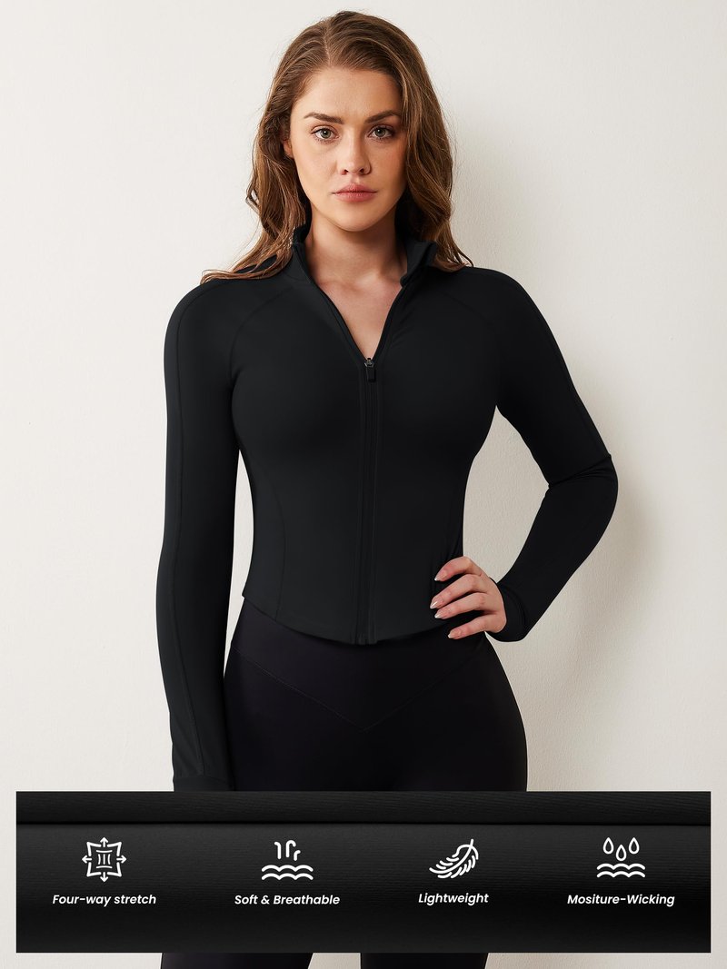 AVGO Women's Black Workout Jacket Zip Up Athletic Activewear Cropped Jackets Slim Fit Tops(Black, L)