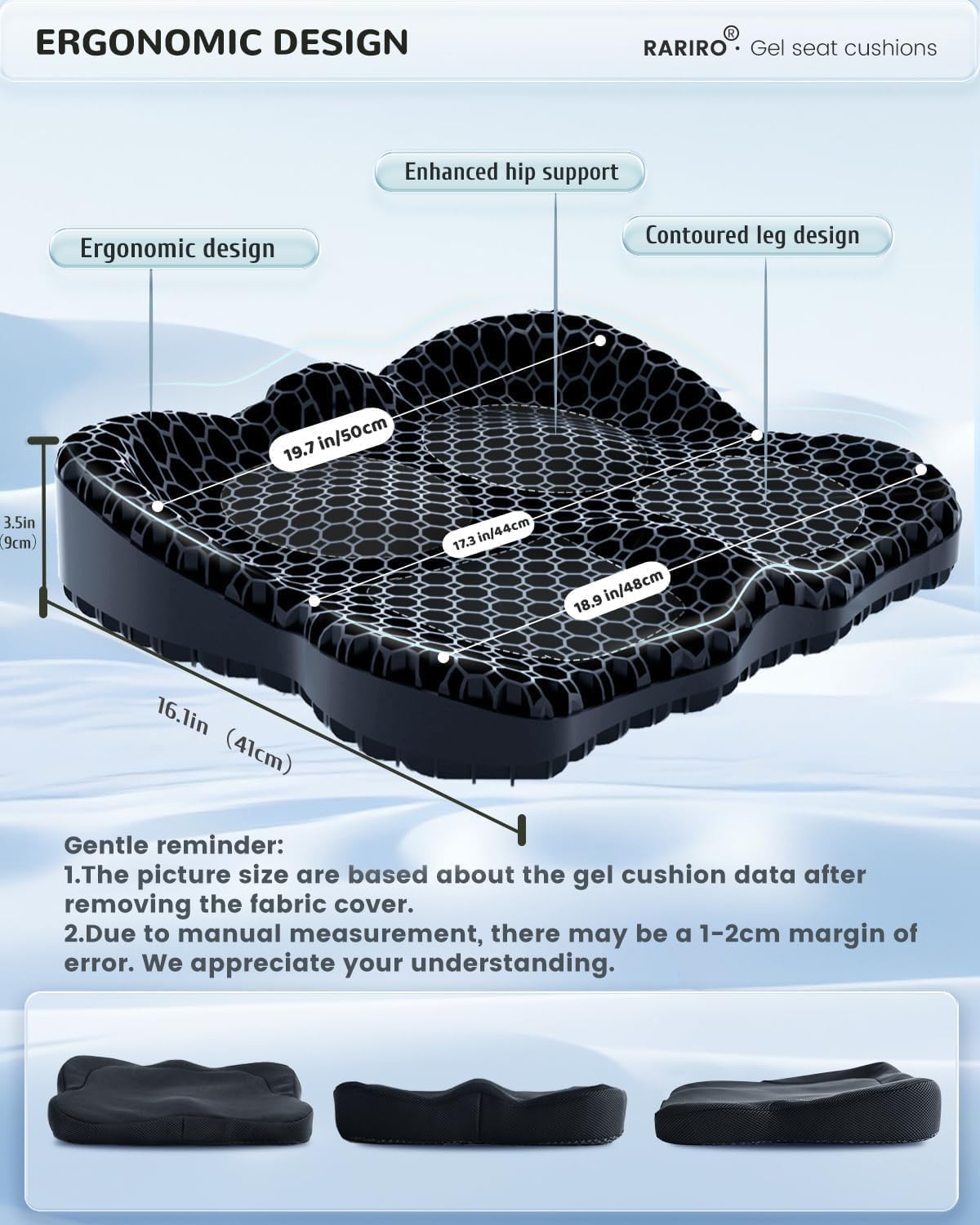 Enlarged 19.7" Gel Seat Cushion, Egg Gel Chair Pads for Wheelchair Pressure Coccyx Sciatica Pain Relief, Cooling Desk Seat Cushion for Kayak, Car, Office Chair Long Sitting[Black]