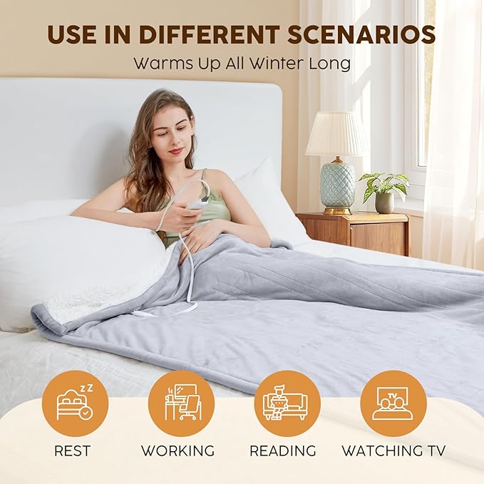 HYLEORY Heated Electric Blanket Throw 50"x60" Soft Fleece & Flannel with 5 Heating Levels & 3 Hours Timer Auto Shutt Off, ETL Certified, Washable，Heated Blanket for Body-Light Grey