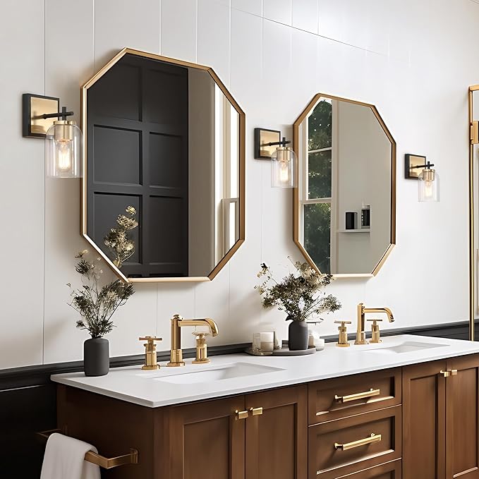 KSANA Black & Gold Wall Sconces, Electroplate Brass Sconce Wall Lighting, Modern 1-Light Bathroom Light Fixtures with Clear Glass Shade for Stairway, Living Room and Kitchen