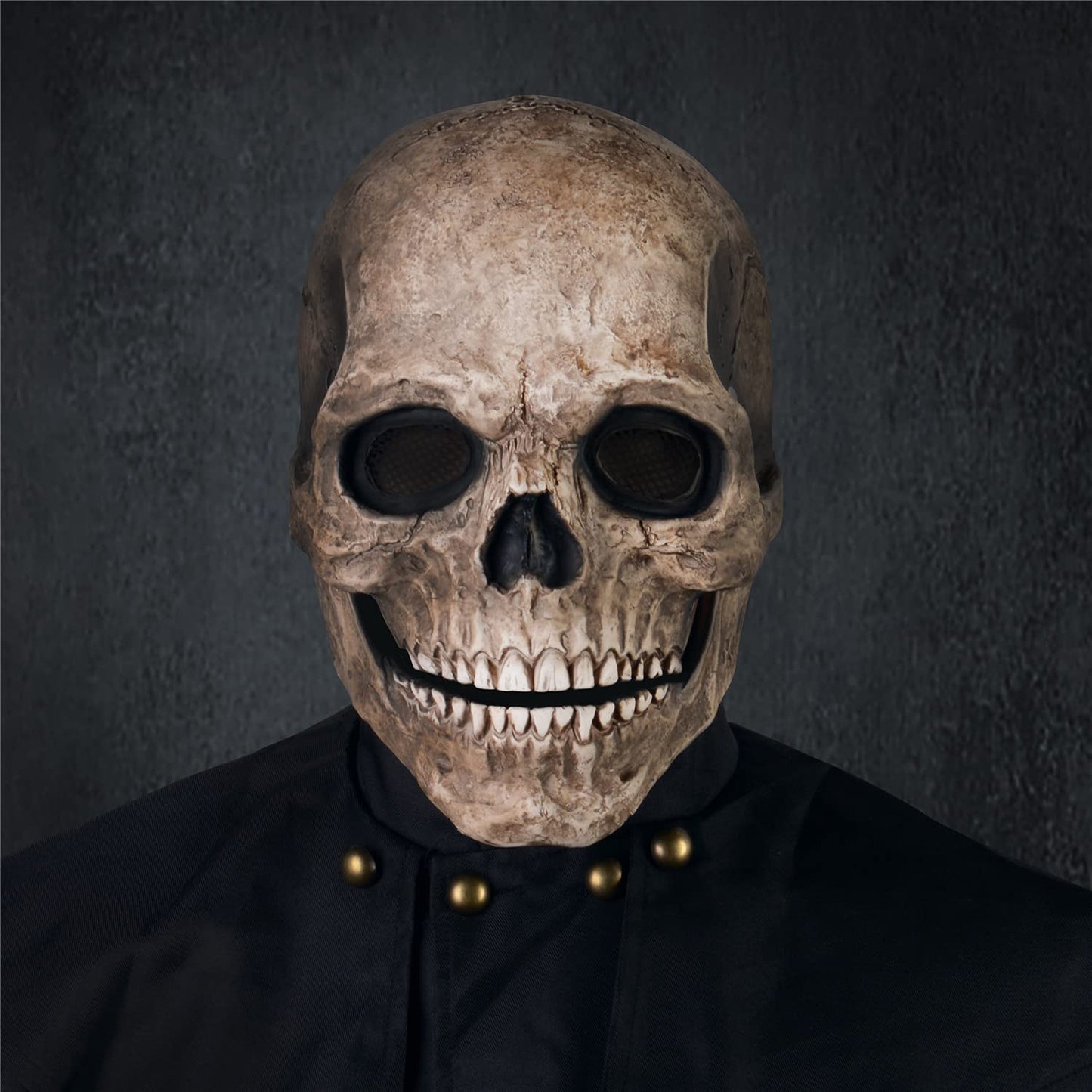 RRANYF Creepy Halloween Full Head Skull Mask with Movable Jaw, Adult Entire Head Realistic Latex Helmet, Scary Skeleton Headgear (Yellow Human Skull Mask)