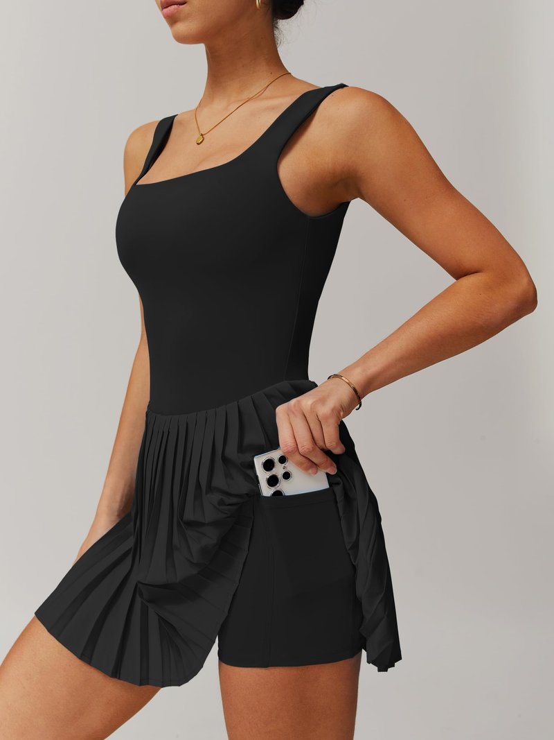 ABOCIW Tennis Dress with Built Shorts Square Neck Pleated Athletic Dress Sleeveless Backless Workout Golf Dress Summer Mini Dresses for Women Black Medium