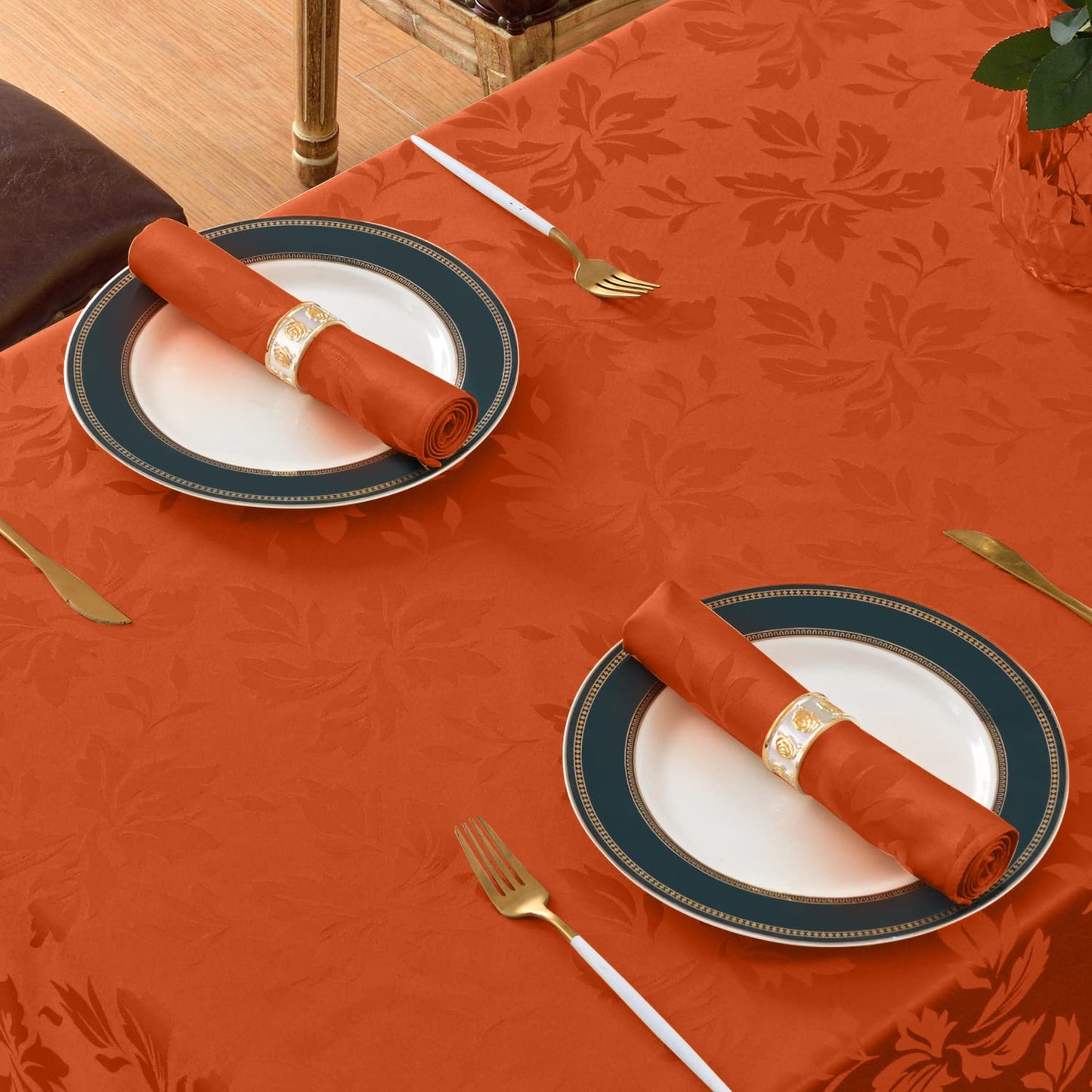 Romanstile Fall Jacquard Rectangle Tablecloth - Thanksgiving Waterproof Table Cloths Autumn Heavy Weight Fabric Table Covers for Dinner/Parties/Holiday - 52 x 70 Inch, Burnt Orange