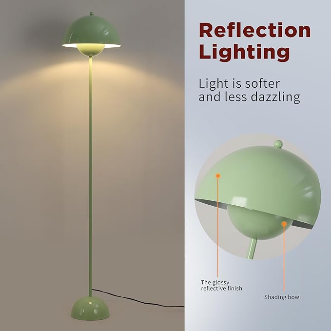 SUNLLOK Green LED Floor Lamp for Living Room, Industrial Metal Dome Lampshade Standing Floor Table Lamp with Foot Switch, Modern Reading Floor Light Fixture for Kitchen Island, Bedroom, Restaurant