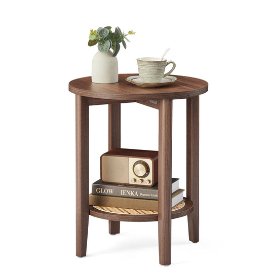 VASAGLE Round Side End Table, 2-Tier Boho Bedside Table with Rattan-Look Storage Shelf, Nightstand for Small Spaces, for Living Room, Bedroom, Home Office, Black Walnut ULET296K01