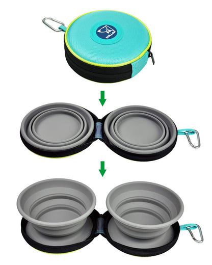 KALLAK Portable 2 in 1 Pet Bowls with Zipper Carrying Case and Carabiner, Collapsible Double Travel Dog Bowls for Food and Water Feeding, Foldable Camping Dog Cat Bowl