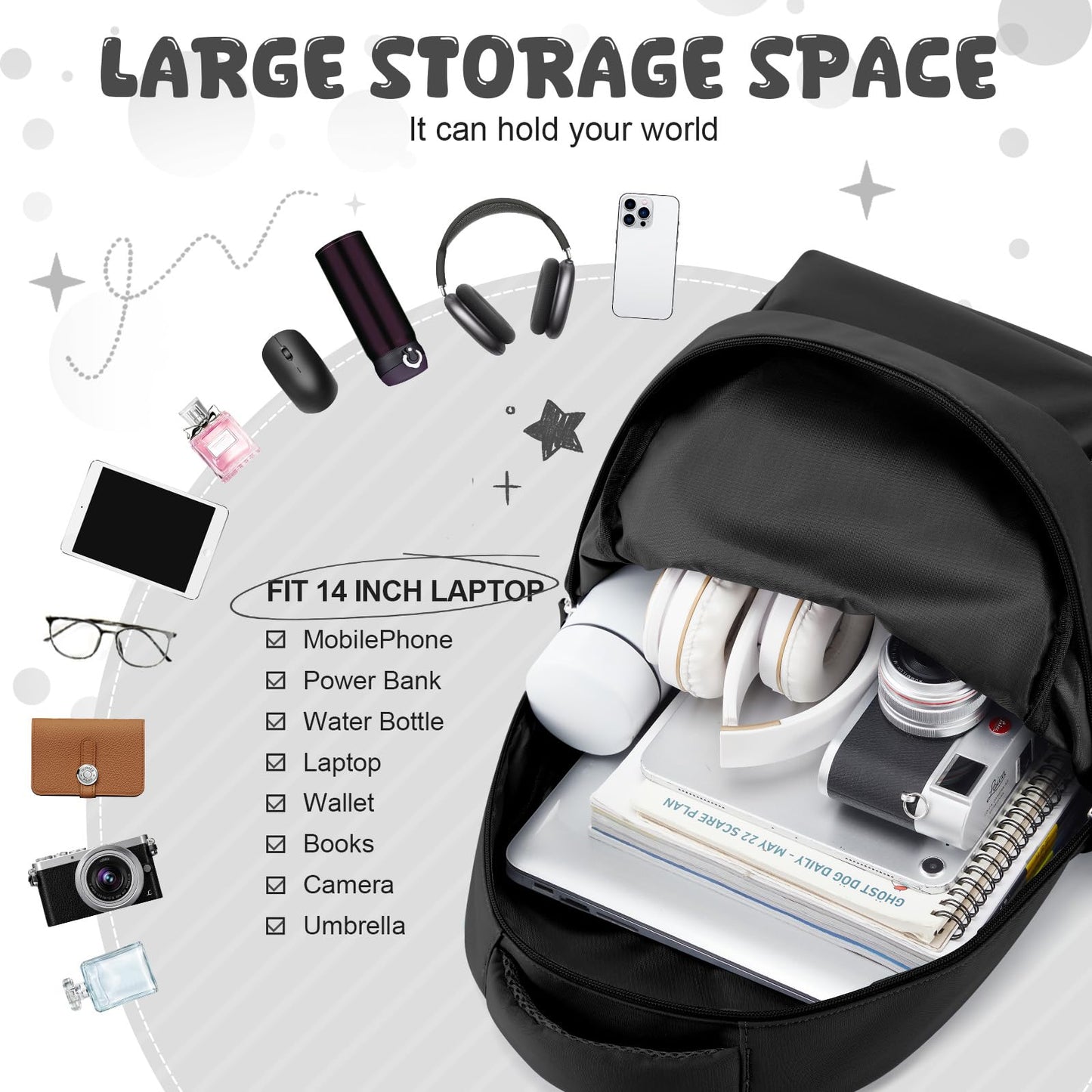 HYC00 Laptop Backpack for Women School Backpack Lightweight School Bags for Teen Girls Travel Work Rucksack Bag for Women College Bookbag 15.6 Inch Laptop Rucksack Casual Daypack Work Bag,Black