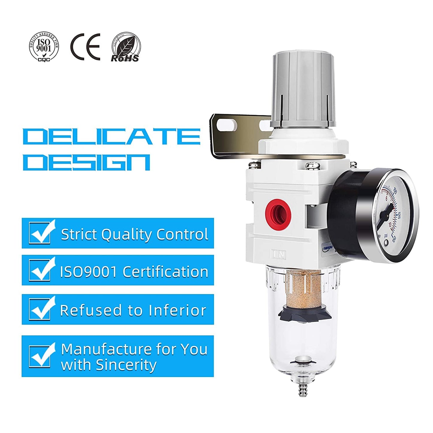 NANPU 1/4" NPT Compressed Air Filter Regulator Combo Piggyback, 5 Micron Brass Element, Poly Bowl, Semi-Auto Drain, Metal Bracket, 0-150 psi Gauge, Ball Valve