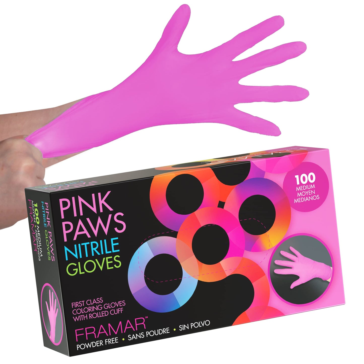 FRAMAR Pink Gloves Disposable Latex Free – Pink Nitrile Gloves Medium, Latex Free Glove Medium, Guantes De Nitrilo, For Hair Dye, Salon, Cleaning, Tattoo, Food Prep, Powder Free – 100 Pack