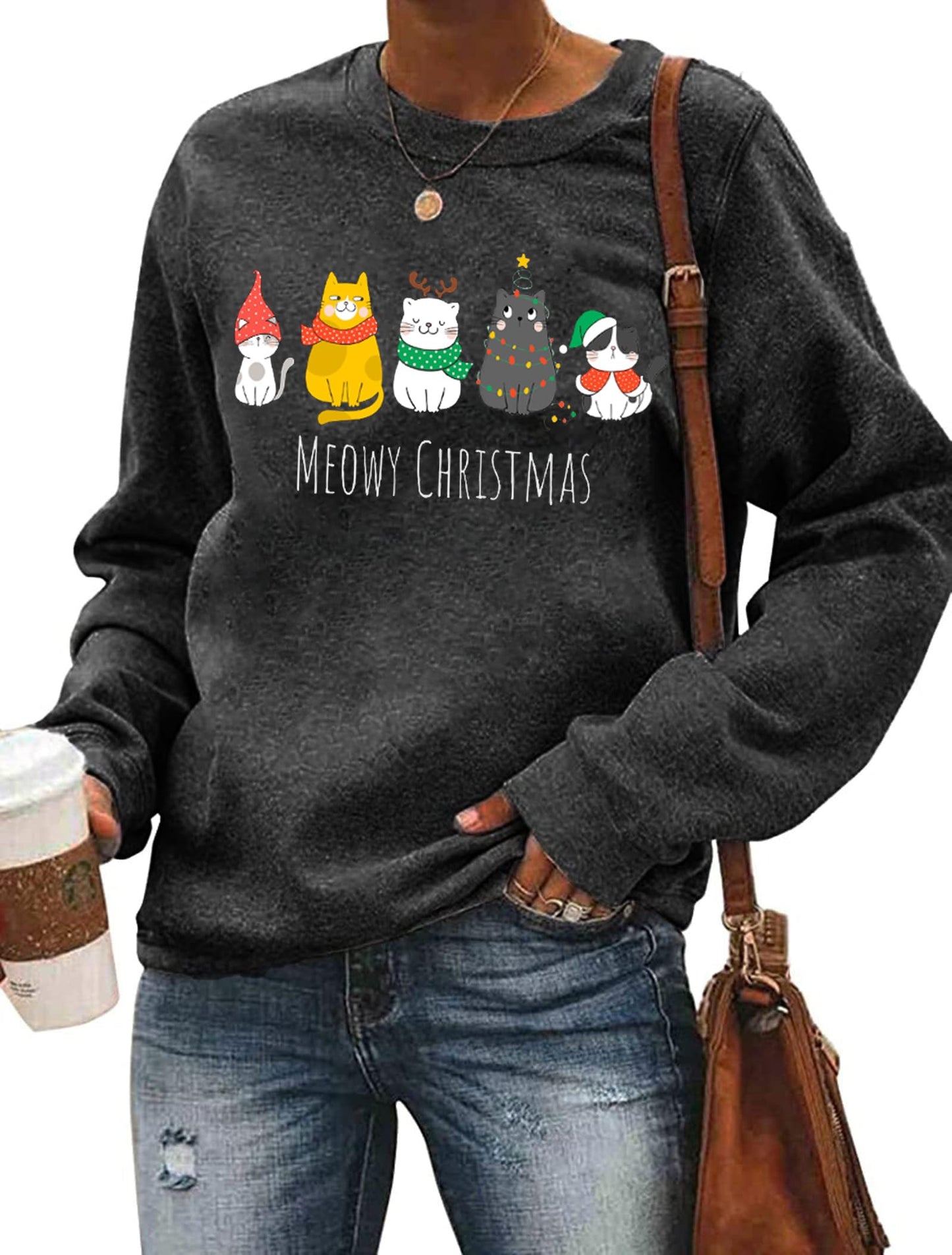 Christmas Sweatshirts for Women Cute Cat Shirts Ugly Christmas Shirt Funny Xmas Long Sleeve Holiday Pullover Tops