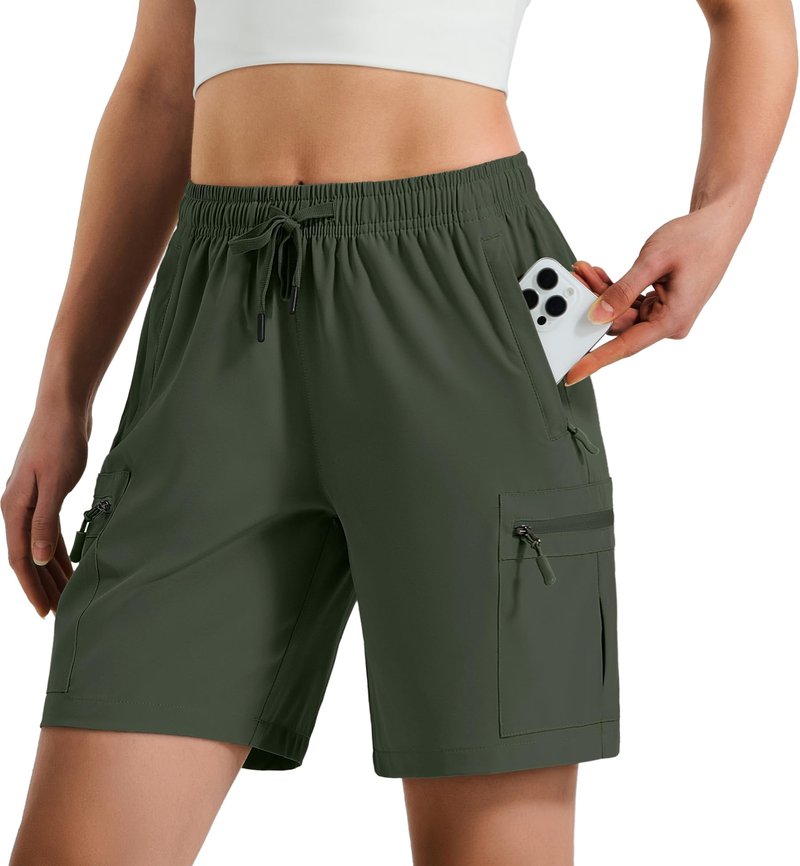 Hugut Women's Lightweight Hiking Cargo Shorts Quick Dry Athletic Shorts Camping Travel Golf Zipper Pockets Water Resistant Army Green