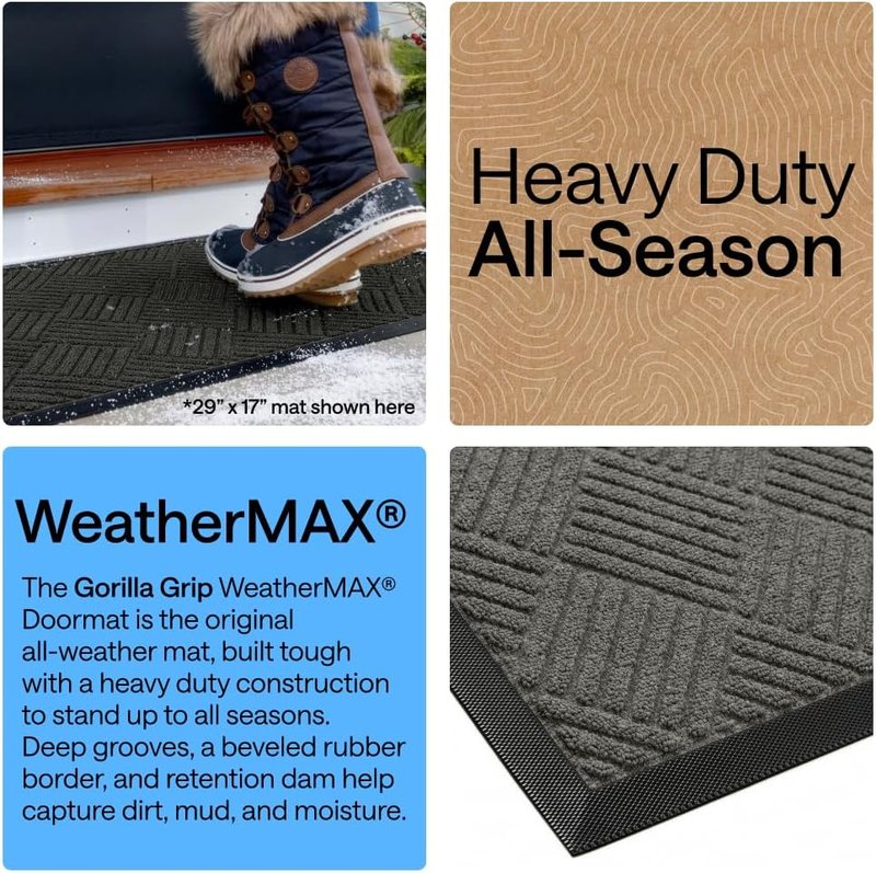 Gorilla Grip Waterproof All-Season Doormat - Natural Rubber, Stain & Fade Resistant | 29x17 Gray Diamond