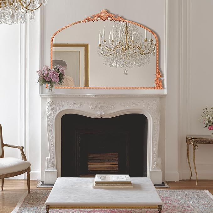Growsun Arched Mirror, 40’’x30’’ Antique Baroque Traditional Ornate Wall Mirror Decor with Full Metal Frame for Fireplace/Entryway/Living Room/Bathroom