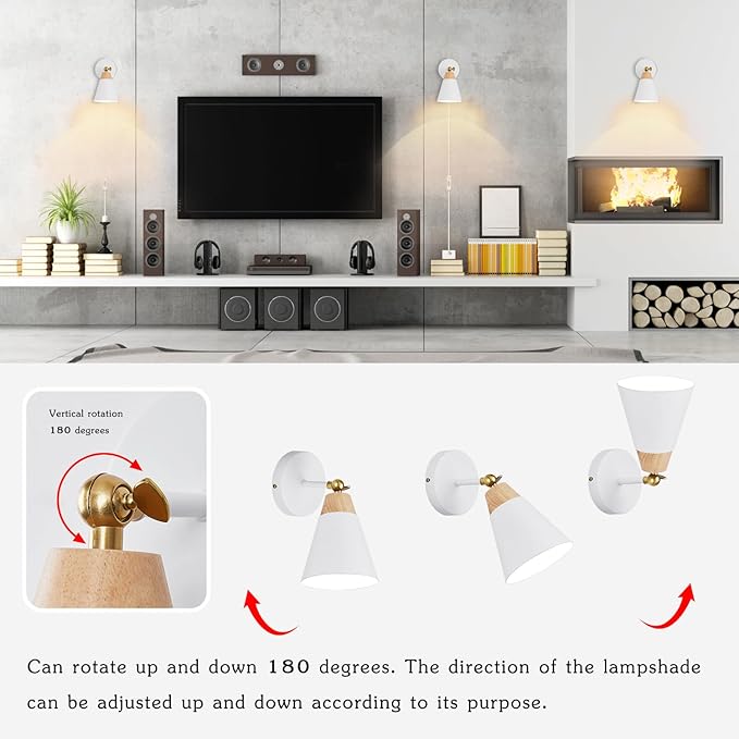 Wall Sconce with Metal Shade, Plug Switch, Indoor Decor Wall Mount Swing Arm Lamp for Bedroom,Hallway,Living Room,Reading, White