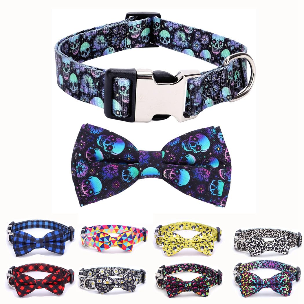 Skull Dog Collars for Small Dogs with Bow Tie, Cool Goth Bowtie Boy Puppy Collar Funny Halloween Dog Collars for Xs Small Medium Large Breed Pet Male Dogs Cats Gift, S
