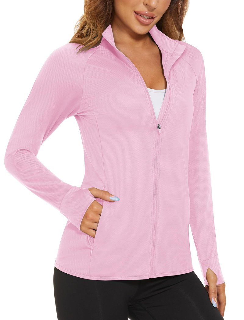 MAGCOMSEN Women's Zip Up Lightweight Long Sleeve Jacket UV Sun Protection Quick Dry Active Shirts Jacket with Zipper Pockets Light Pink S