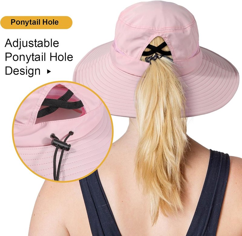 Wide Brim Sun Hat for Women - Breathable Mesh UPF50+ Outdoor Safari Hat | Criss Cross Ponytail Hole