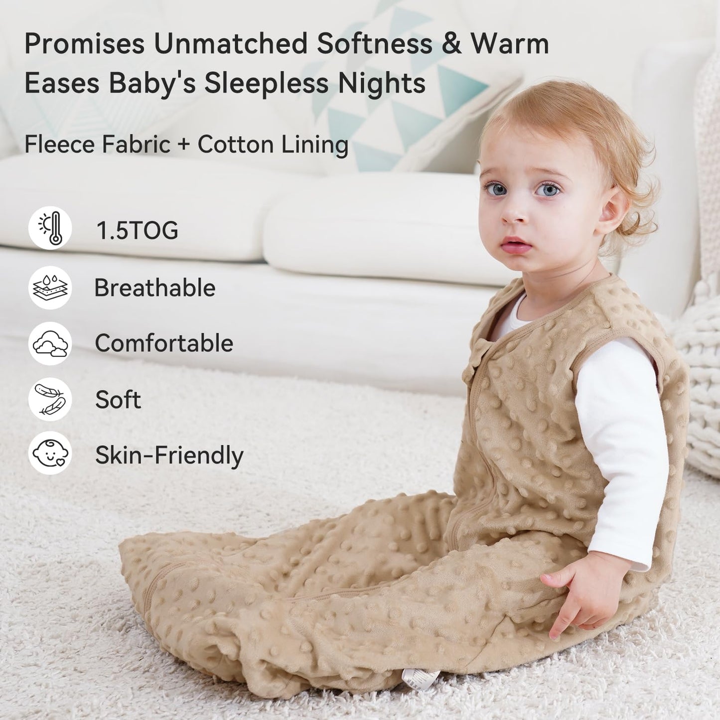 Unnivoll Baby Sleeping Bag 1.5 Tog with Plush Dots Sleep Bag 2 Pack Baby Sleep Sack Wearable Blanket for Newborn Infant 0-6 Months Coffee