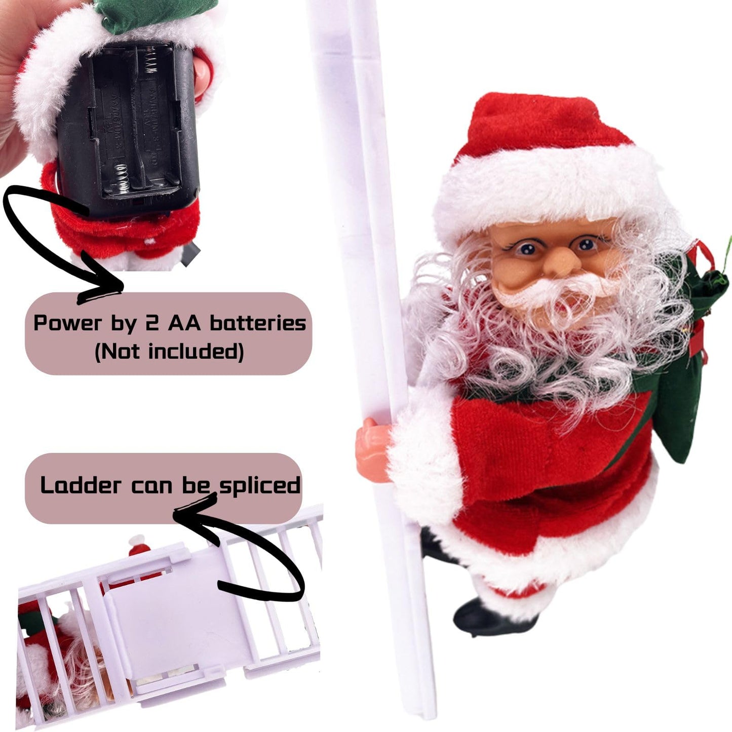 QUAAM Electric Santa Claus Climbing Ladder, Santa Claus on Ladder with Music - Christmas Tree Hanging Ornaments (White)