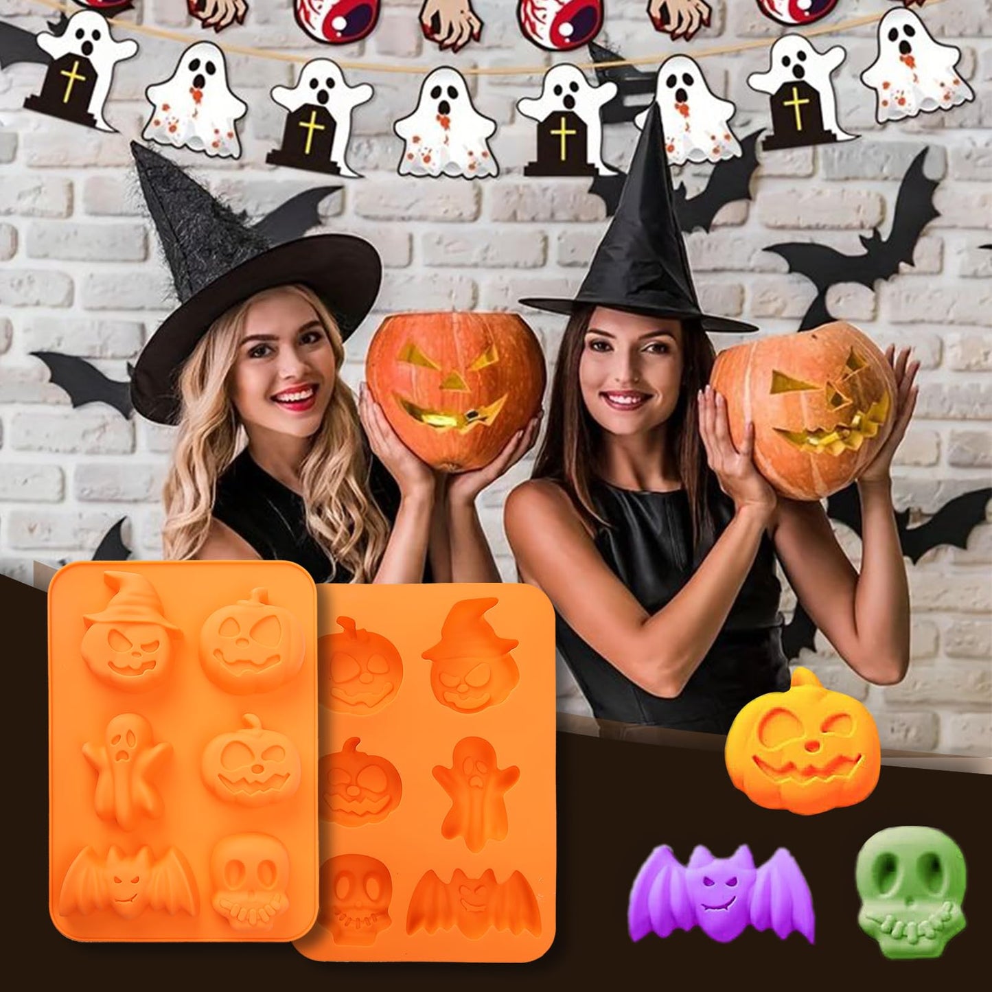 EFIVS ARTS Pumpkin Silicone Mold Bat Skull Ghost Shape DIY Mold for Chocolate Fondant Cookies and Candles Soap Molds Silicone Baking Mold