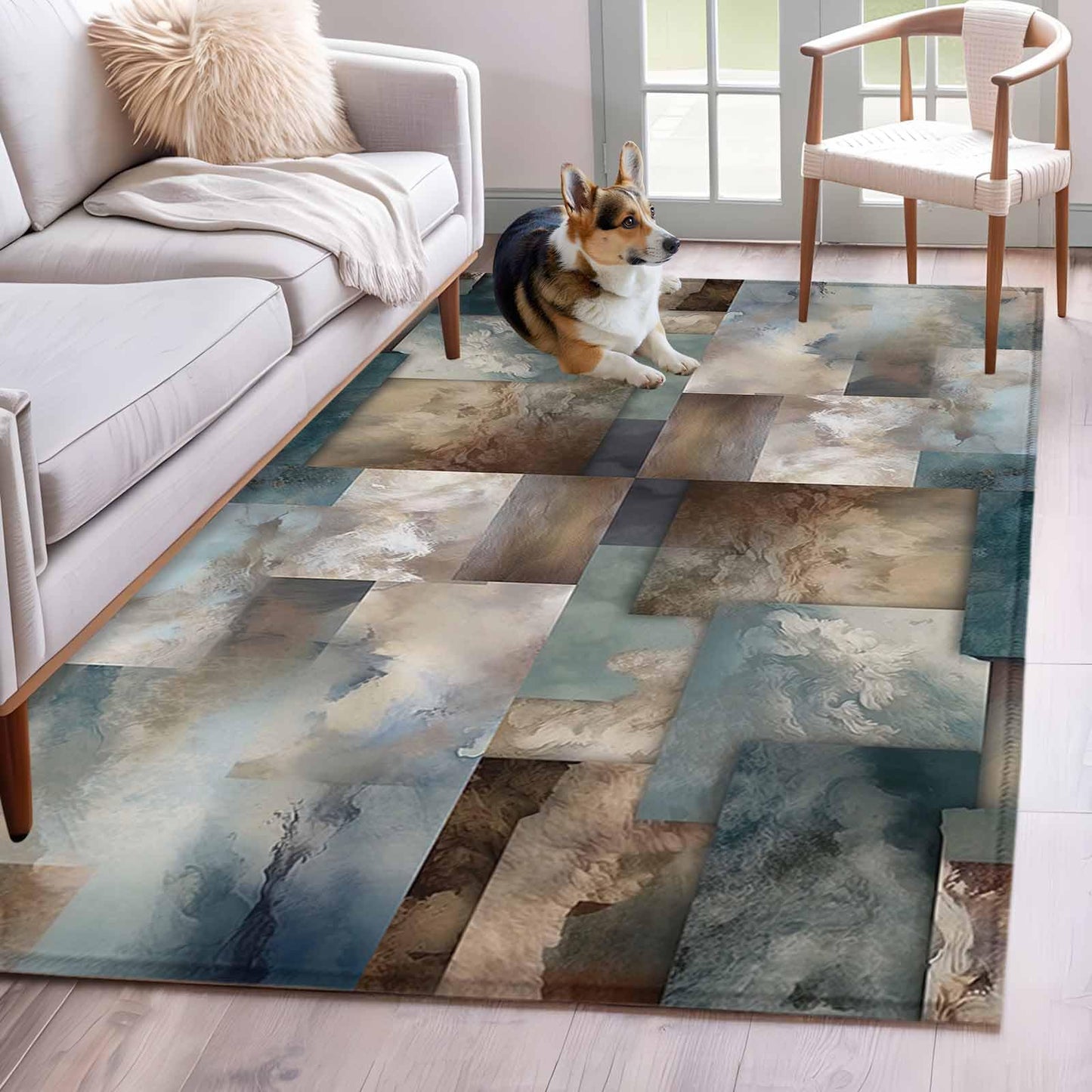 Area Rug 4'x6', Blue Brown Geometric Non-Slip Runner Rug Carpet for Bedside, Modern Ombre Abstract Art Washable Outdoor Indoor Area Rugs Mat for Entryway/Living Room/Bedroom/Kitchen/Office