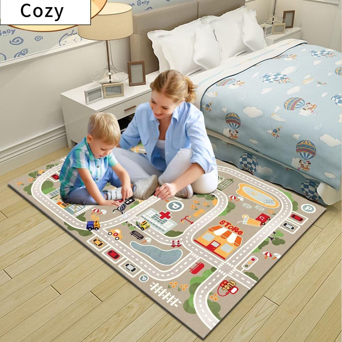TYKTZXY Car Rugs Play Mat for Toy Cars，Kids Rug with Roads for Playroom，City Life Road Carpet for Baby Learning，Non-Slip Educational Nursery Rug for Toddlers(Grey, 80×120cm/31×47")