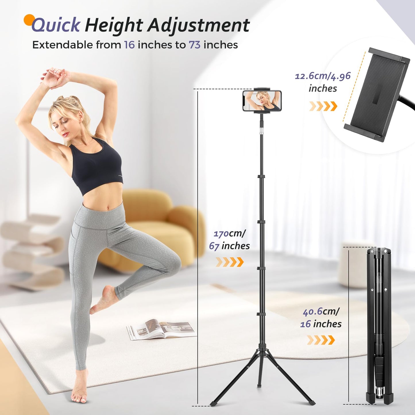 Aureday Adjustable Tripod Stand, 67” Height, Tablet Holder for iPad mini/Air/Pro, Kindle, Switch, Smartphones, 4.7”-12.9” Devices