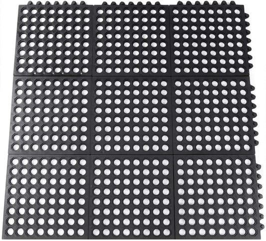 Interlocking Rubber Mats for Floor Anti Fatigue Kitchen Mats 9 Pack 11.8" x 11.8" Modular Rubber Interlocking Floor Tiles, Pool Balcony Patio Yard Pet Area Use Restaurant Rubber Bar Floor Mat Black