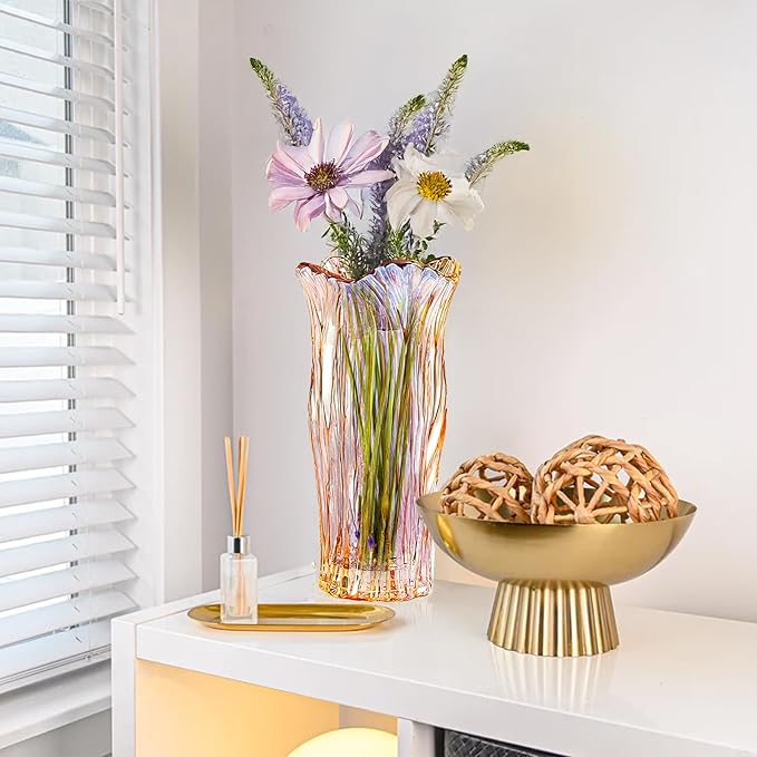 Glass Vase for Flowers, Gold Amber Clear Glass Vases for Centerpieces, Crystal Vase for Home Table Flower Decor 9.1 inches Tall