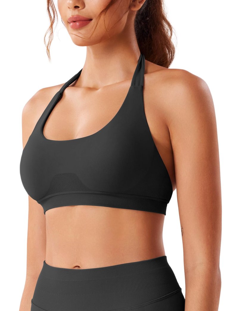 VOYJOY Women Workout Impact Bras Medium Low Support Halter Sports Bras Seamless Open Back Gym Padded Yoga Crop Top Black L