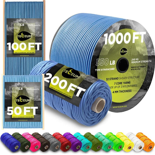 TECEUM Paracord Type III 550 ICY Lake – 1000 ft – 4mm – Tactical Rope MIL-SPEC – Outdoor para Cord –Camping Hiking Fishing Gear and Equipment – EDC Parachute Cord – Strong Survival Rope 466