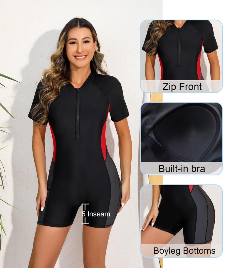 Halcurt Women's Boyleg One Piece Rash Guard with Built in Bra Zip Front UPF50+ Short Sleeve Full Body Surfing Swimsuit Black Red Gray S