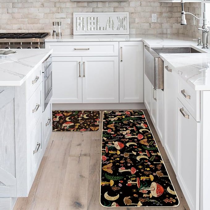 Artoid Mode Black Mushrooms Butterfly Spring Kitchen Mats Set of 2, Home Decor Low-Profile Kitchen Rugs for Floor - 17x29 and 17x59 Inch