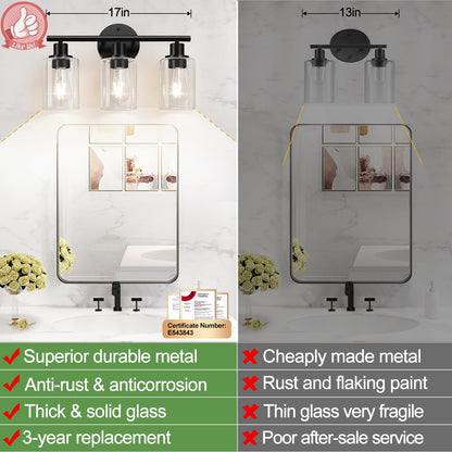 ZASTION 3-Light Bathroom Light Fixtures, Black Bathroom Wall Lights, Modern Bathroom Vanity Light with Clear Glass Shade, Bathroom Wall Lamp for Mirror Kitchen Bedroom Living Room