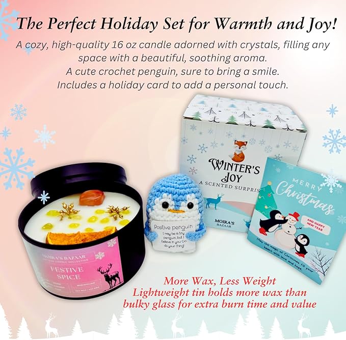Moira's Bazaar Winter's Joy Gift Set – 16 Oz 50 Hr Scented Candle with Crystals & a Crochet Positive Penguin | Christmas, Holiday, or Motivational Gift, Artisanal Luxury Fragrances (Festive Spice)