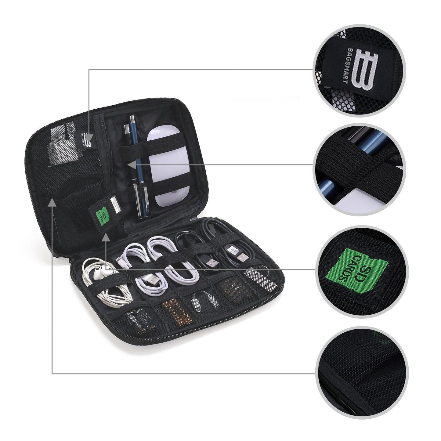 BAGSMART Electronics Accessories Organiser Bag, Portable Electronics Carrying Case Travel Small for Cables, Powerbank, Earphone, USB sticks, SD Card (Black)