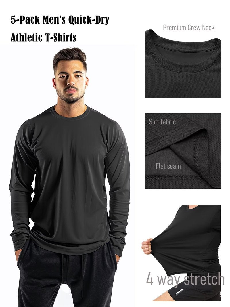 5 Pack Mens Long Sleeve Quick Dry Active Athletic T Shirt Running Gym Workout Tee Tops