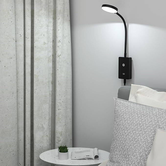 Touch Dimmable LED Wall Mounted Bedside Reading Light, Black Flexible LED Wall Reading Lamp for Nightstand in Bedroom, 120° Wide Angle Neutral White Lighting, with 5V2A USB Output Port