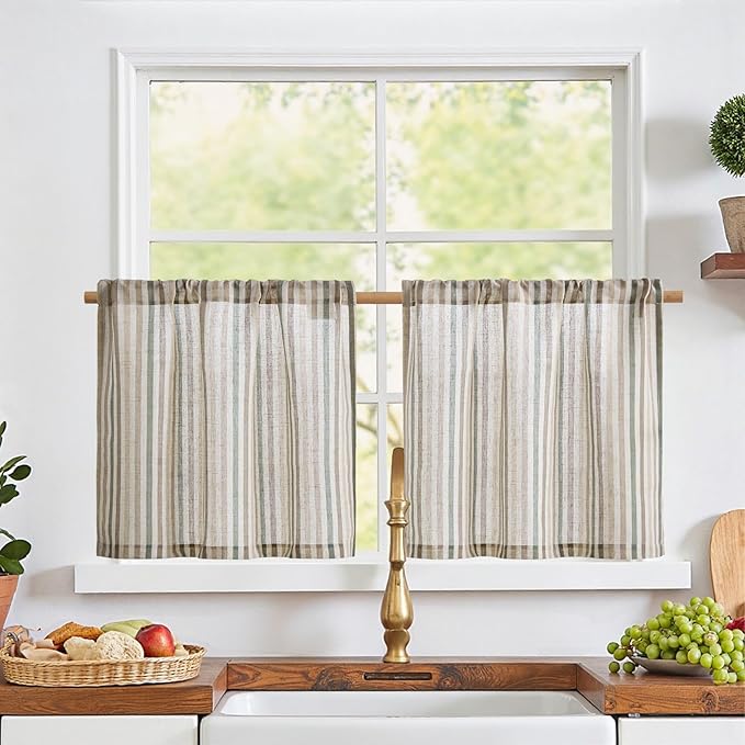 jinchan Colorful Striped Linen Kitchen Curtains 24 Inch Christmas Tier Curtains Farmhouse Modern Cafe Small Window Treatments Light Filtering Rod Pocket for Living Room Bathroom 2 Panels Multi Green