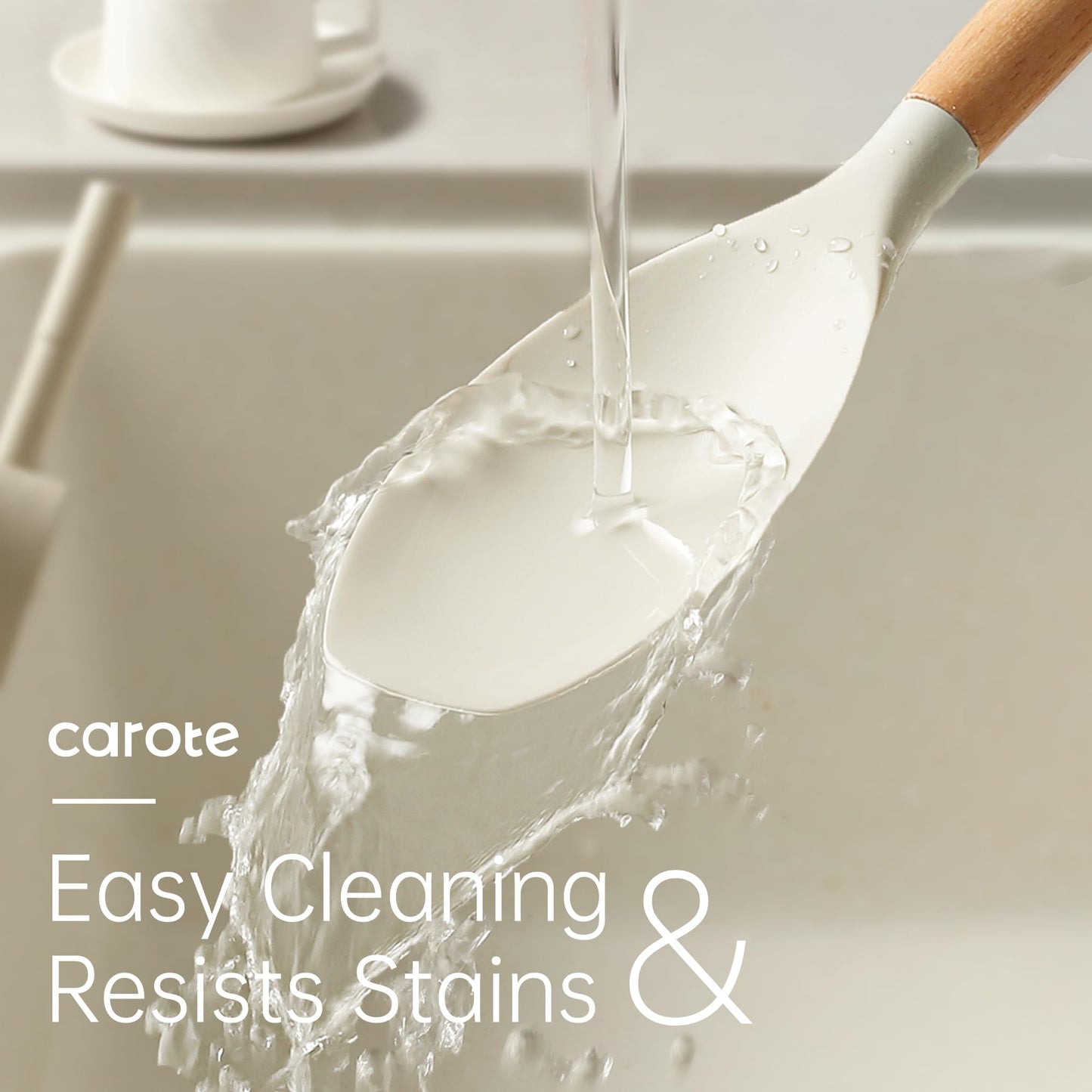 CAROTE Silicone Cooking Utensils Set, Kitchen Utensils Set 10 Pcs for cooking, BPA Free Spatula Set with Heat Resistant Wood Handles for Nonstick Cookware (Cream White)