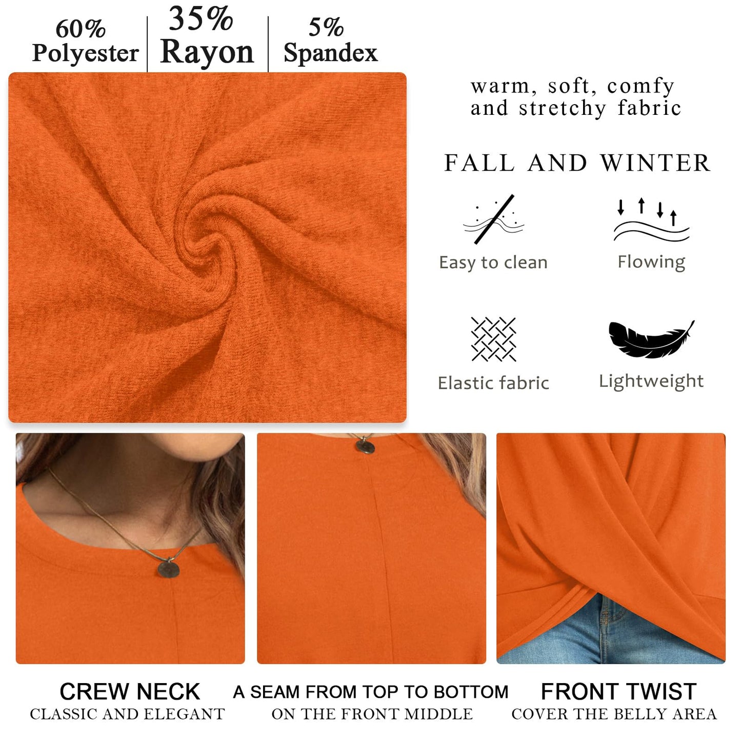 HOTGIFT Womens Halloween Orange Tunic Tops Long Sleeve Shirts Fall Winter Casual Crewneck Sweaters Front Twist Large