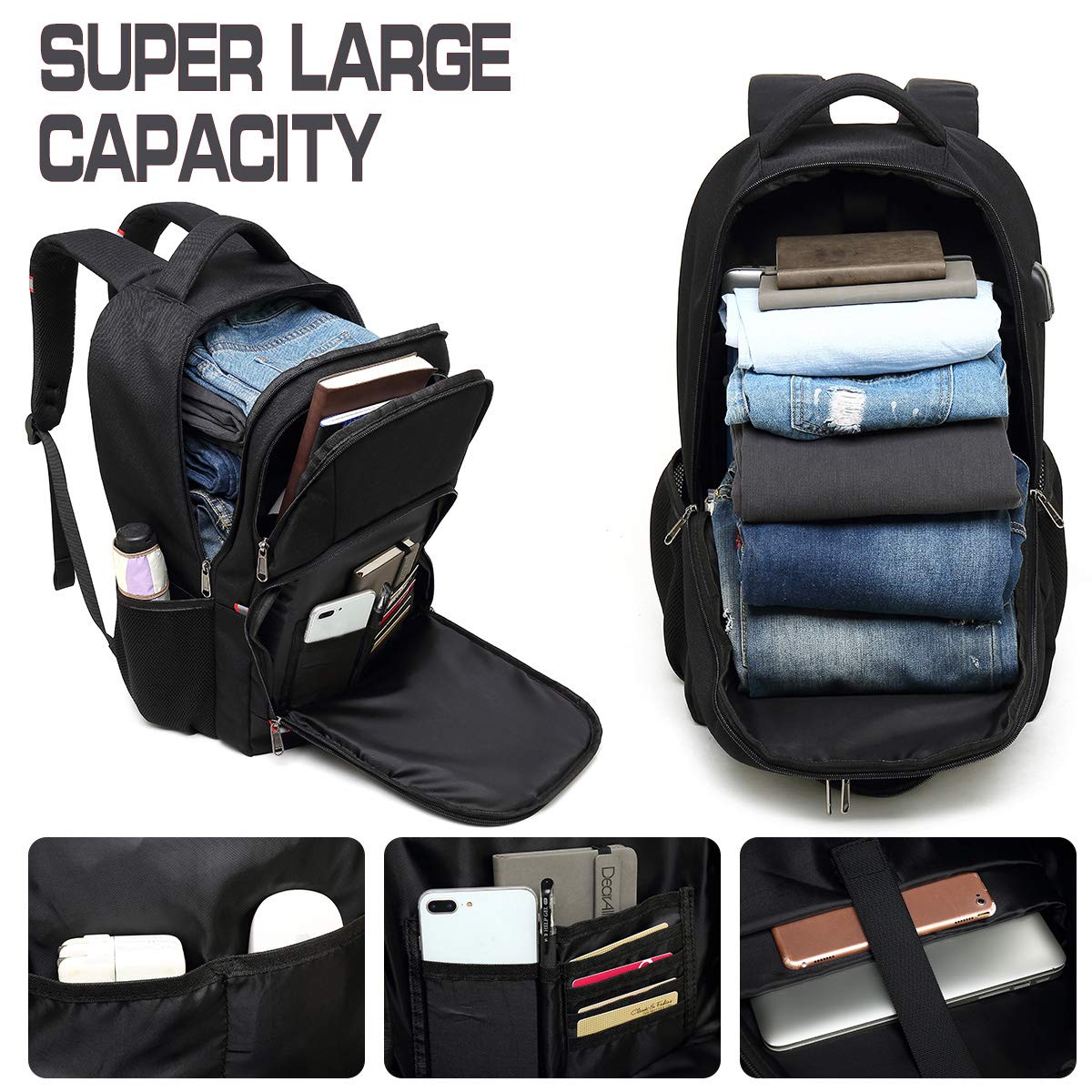 Della Gao Laptop Backpack, Extra Large Anti-Theft Business Travel Laptop Backpack Bag with USB Charging Port, Fit 17 Inch Laptop, Black