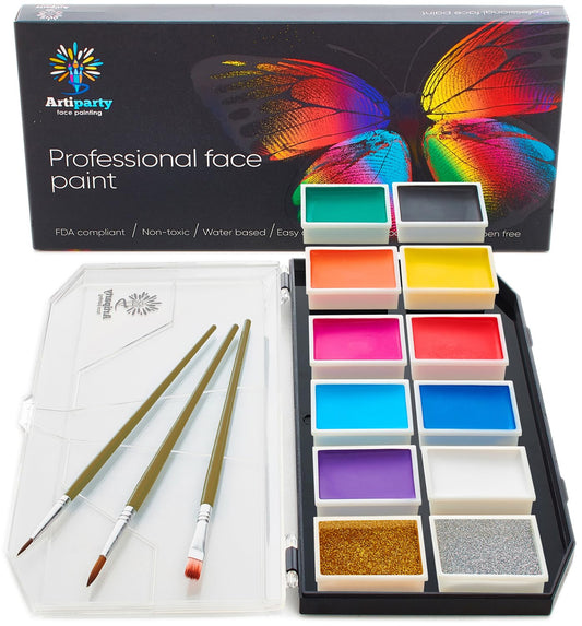 Face Paint Kit - Dermatologically Tested, Non-Toxic & Hypoallergenic - Professional Painting for Kids & Adults - Cosplay Makeup - Easy to Apply & Remove - Leakproof Dry Glitters