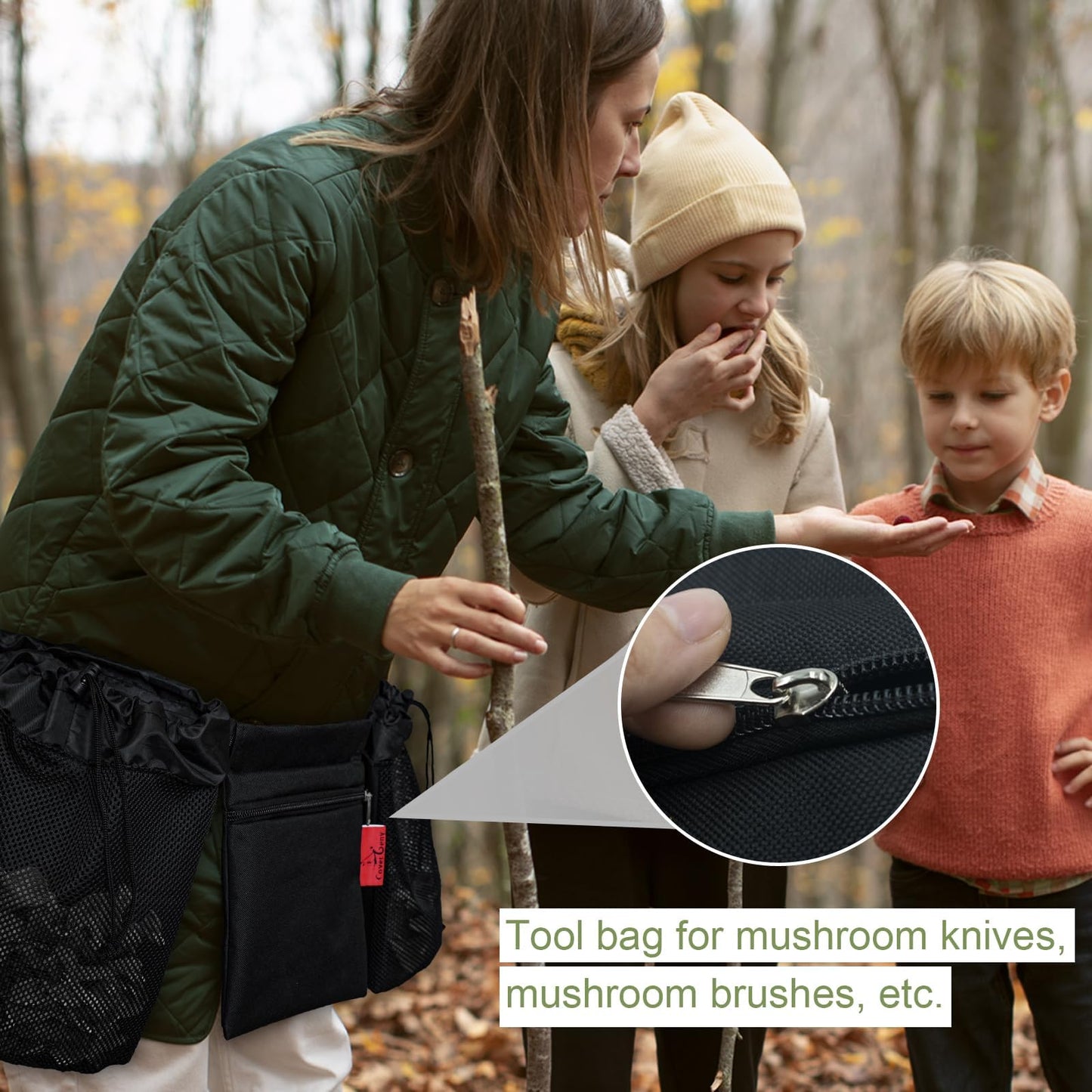 Morel Mushroom Foraging Bag with Adjustable Waistband, 2 Mesh Picking Bags for Collecting Mushrooms, Outdoor Hunting Bags Lightweight and Sturdy to Wear Around Waist, Harvesting Bag, 1 Tool Bag