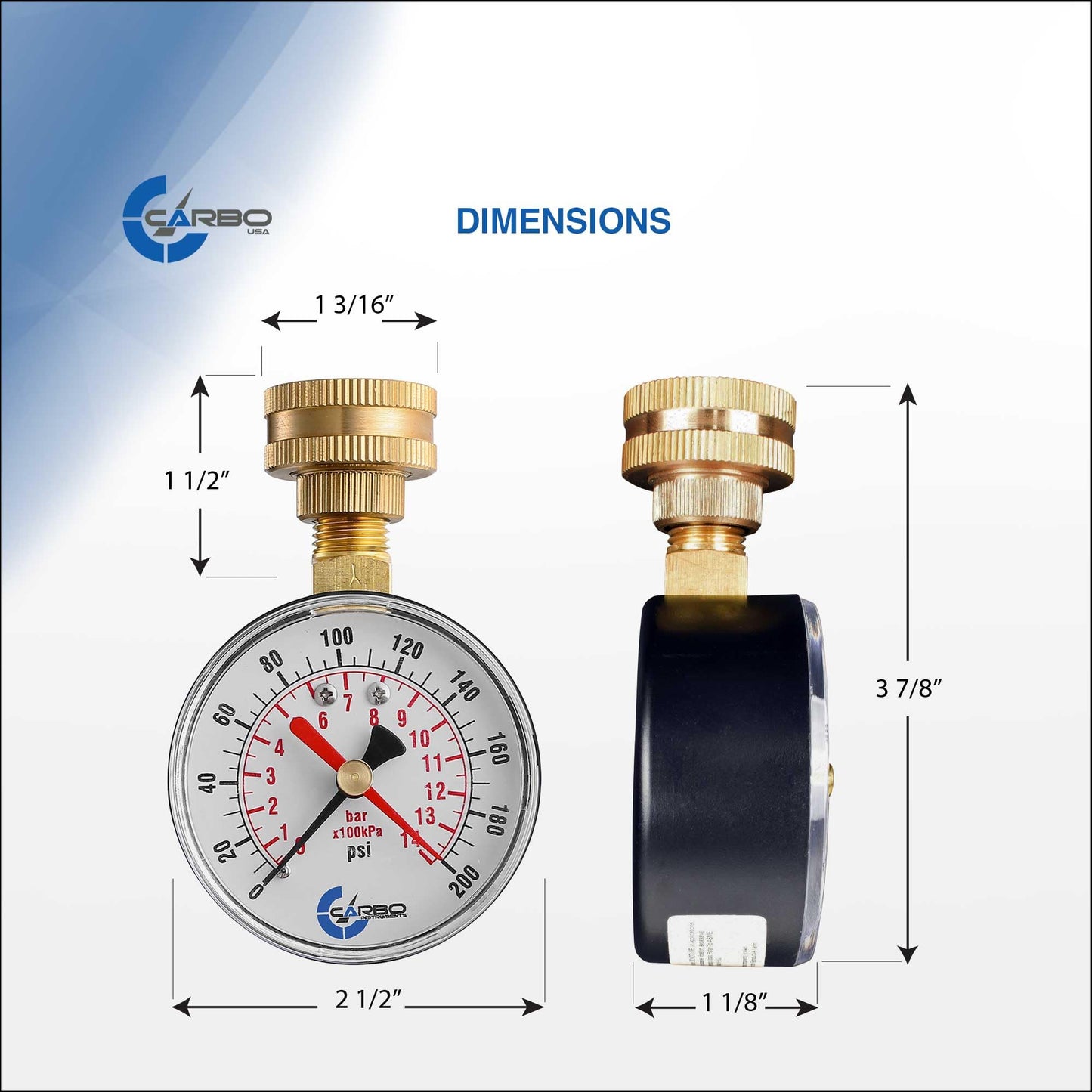 CARBO Instruments 2-1/2" Water Pressure Test Gauge, 0-200 PSI, Red Max Pointer, 3/4" Female Hose Thread, Rust-Free Corrosion-Resistant Case, Brass Connector, for Home, Garden, RV, Indoor/Outdoor