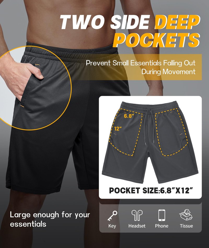 Little Beauty 5 Pack Mens Athletic Gym Shorts with Pockets Fast Dry Basketball Running Workout Shorts Navy/Dark Grey*2/Black*2, L