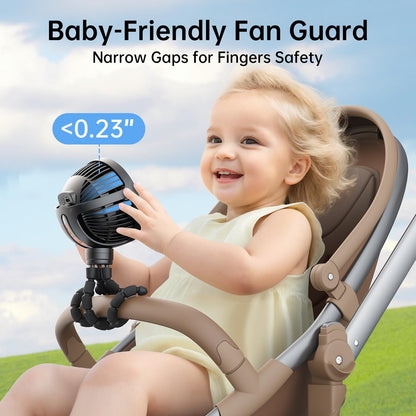 GUSGU Large Stroller Fan Clip on for Baby, Flexible Tripod & Battery Powered Pram Fan, Portable Handheld Fan for Bedroom, Car Seat, Travel, Camping, Black