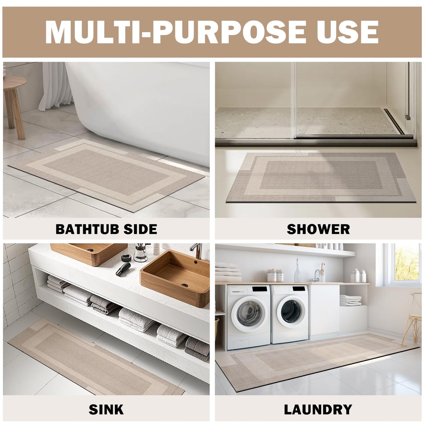 YDKGL Non Slip Bath Mat, Rubber Backing Ultra Thin Bathroom Rugs Fit Under Door Quick Dry Super Absorbent Washable Bath Rug Shower Mat for Bathroom Floor Bathtub Shower Sink, Easy Care Beige 16"x 24"